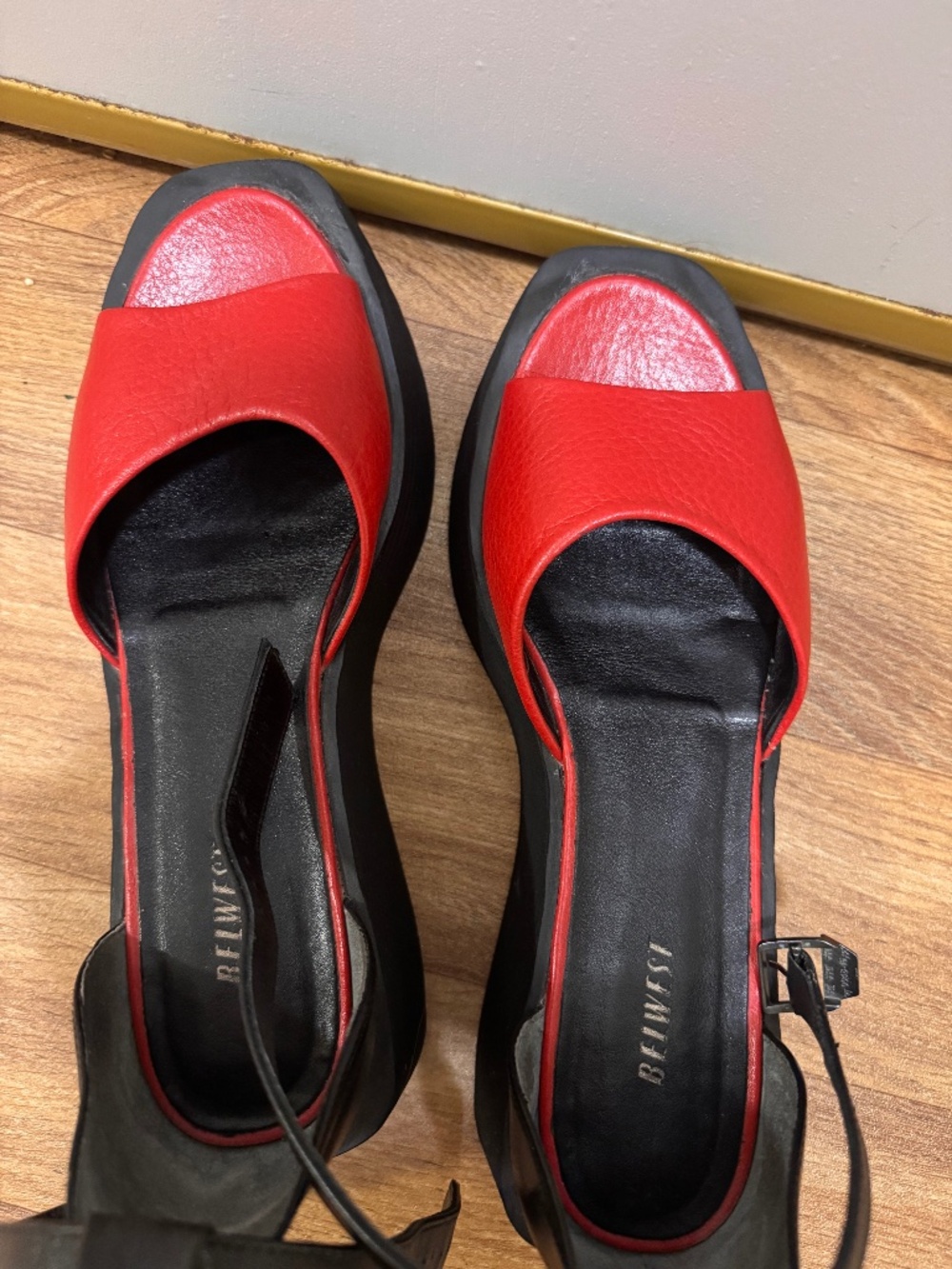 BELWEST Red & Black Leather Wedge Sandals – Women’s